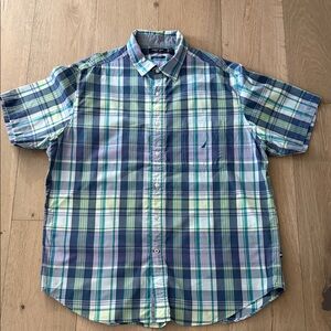Nautica Men's Blue and Green Plaid Button Down Shirt